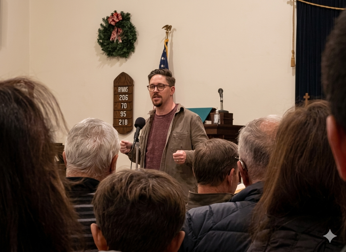 Ryan Senning speaking at the Voices of Sugar Loaf storytelling event